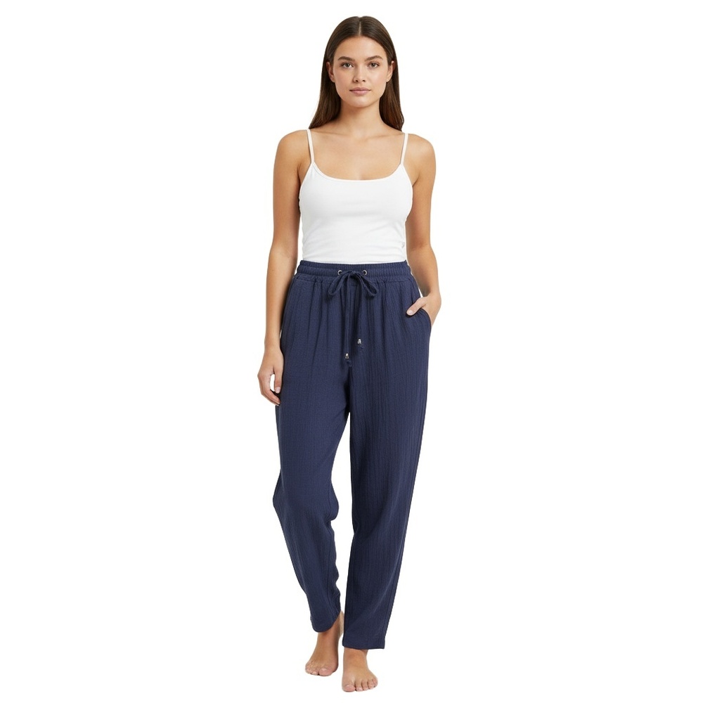 Womens Casual Pants Size M Navy Blue Crinkled Relaxed Drawstring Waist Vacation - Picture 1 of 6